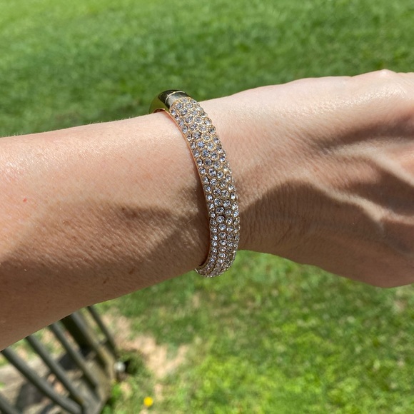 Crystal adorned gold tone hinge bangle bracelet - Picture 2 of 16